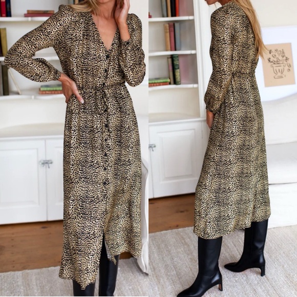 Emerson Fry Dresses & Skirts - Emerson Fry May Dress Little Cheetah 100% Silk Midi Dress Long Sleeve Medium M